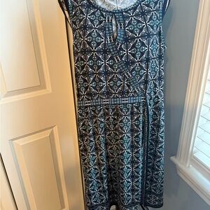 Blue A-line Midi Dress with Geometric Pattern
